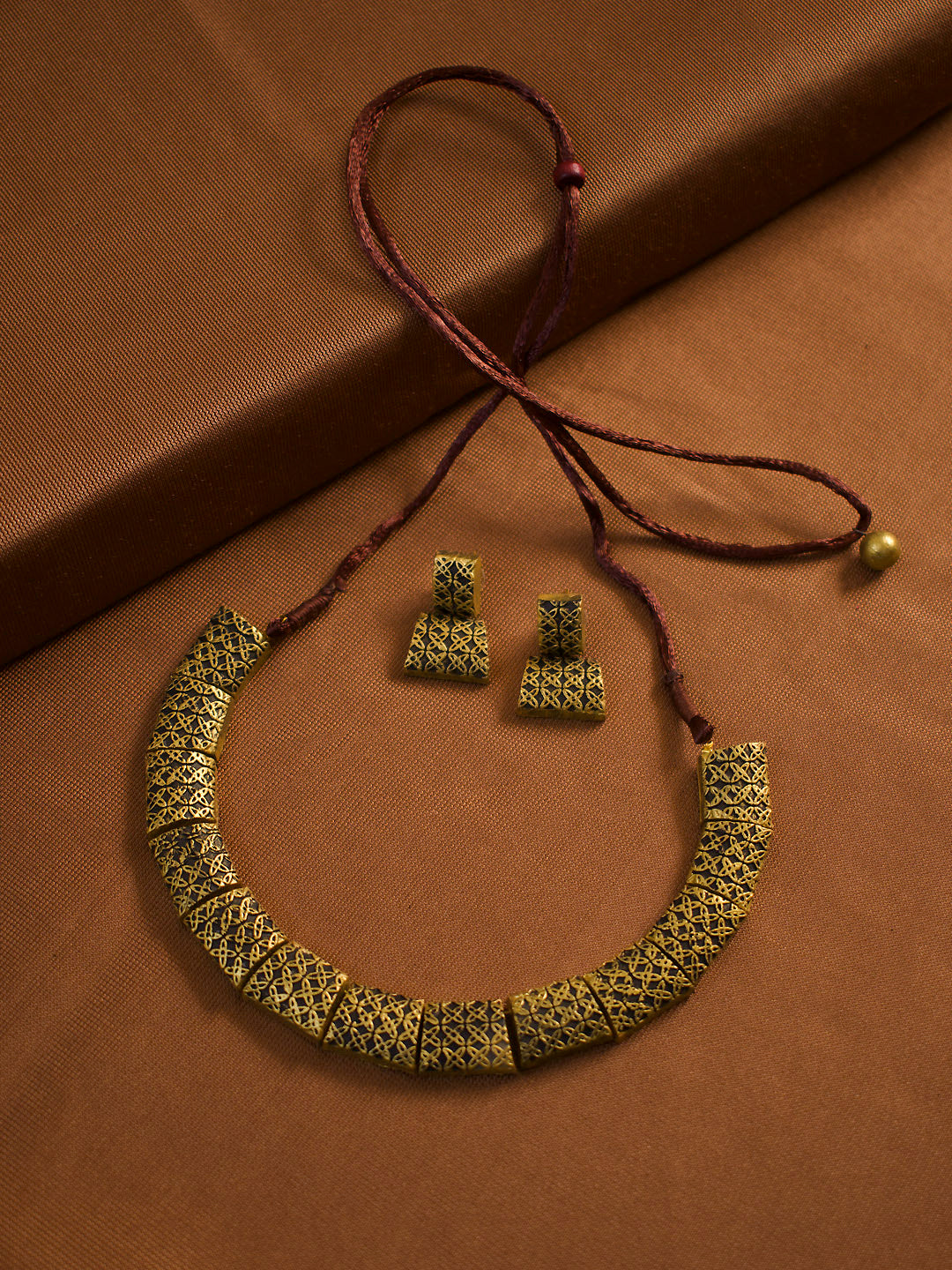 Antique Gold Toned Geometric Design Black Color Terracotta Choker Necklace Set