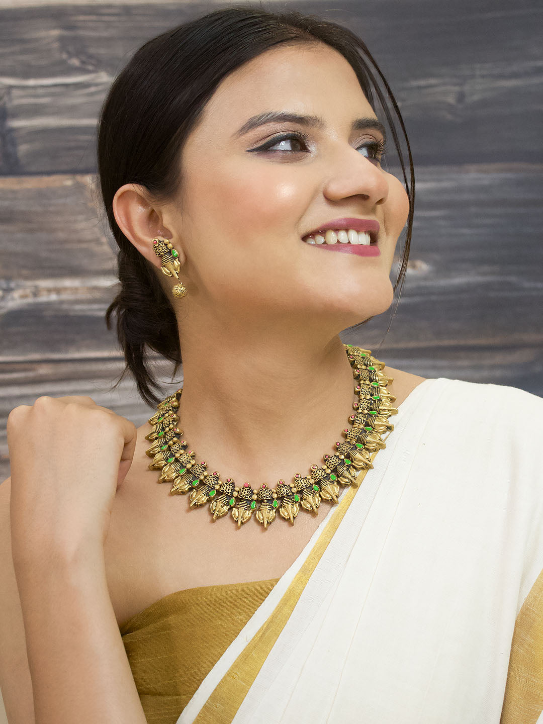 Antique Gold Toned Ganesha Design Motifs Green And Red Color Terracotta Choker Necklace Set