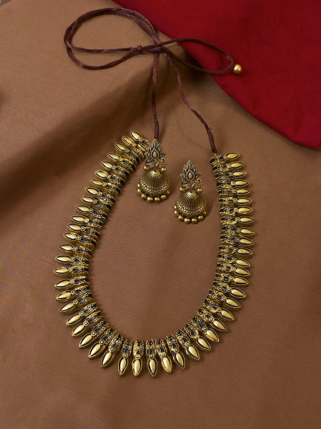 Antique Gold Toned Tear Drop Design Motifs Terracotta Long Necklace Set