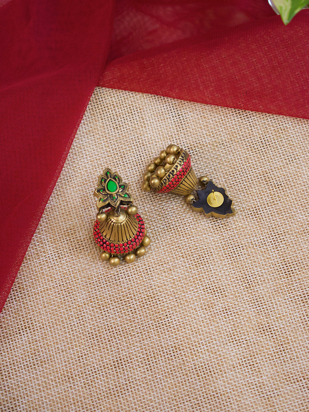 Antique Gold Toned Tear Drop Design Motifs Red And Green Color Terracotta Long Necklace Set