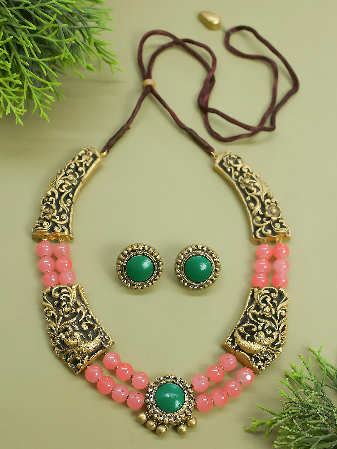 Chandralekha — 2 Layered Rani Haar Design Pink Glass Beads Peacock Design Antique Gold Green Handmade Terracotta Necklace Set