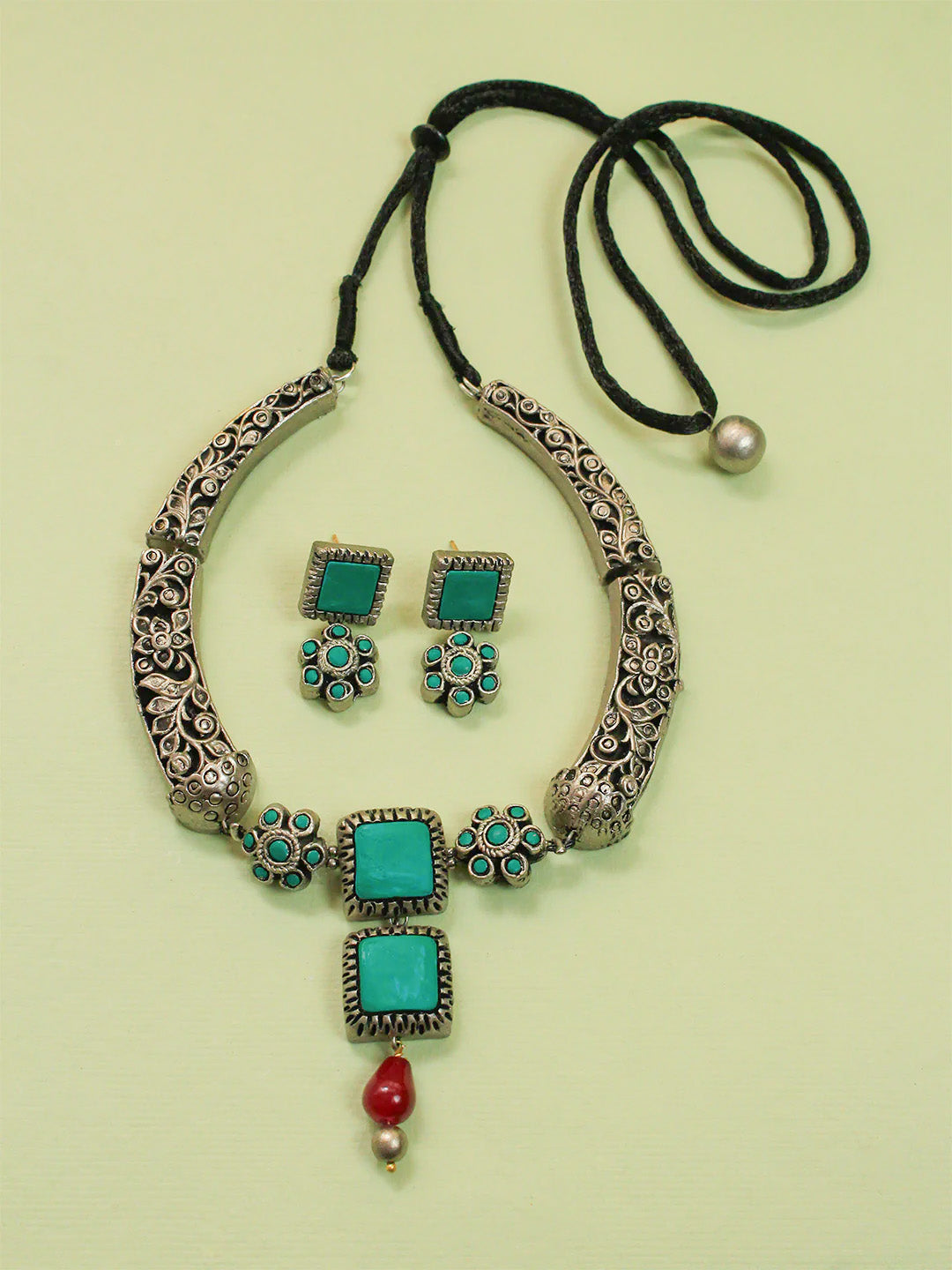 Antique Silver Aqua Blue Filigree Work Rajawada Style Handmade Terracotta Necklace Set