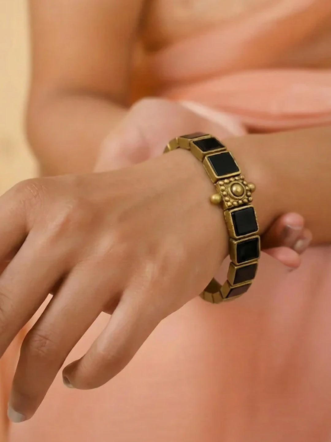 Kalika — Black and Antique Gold Square Design Handmade Terracotta Bangle