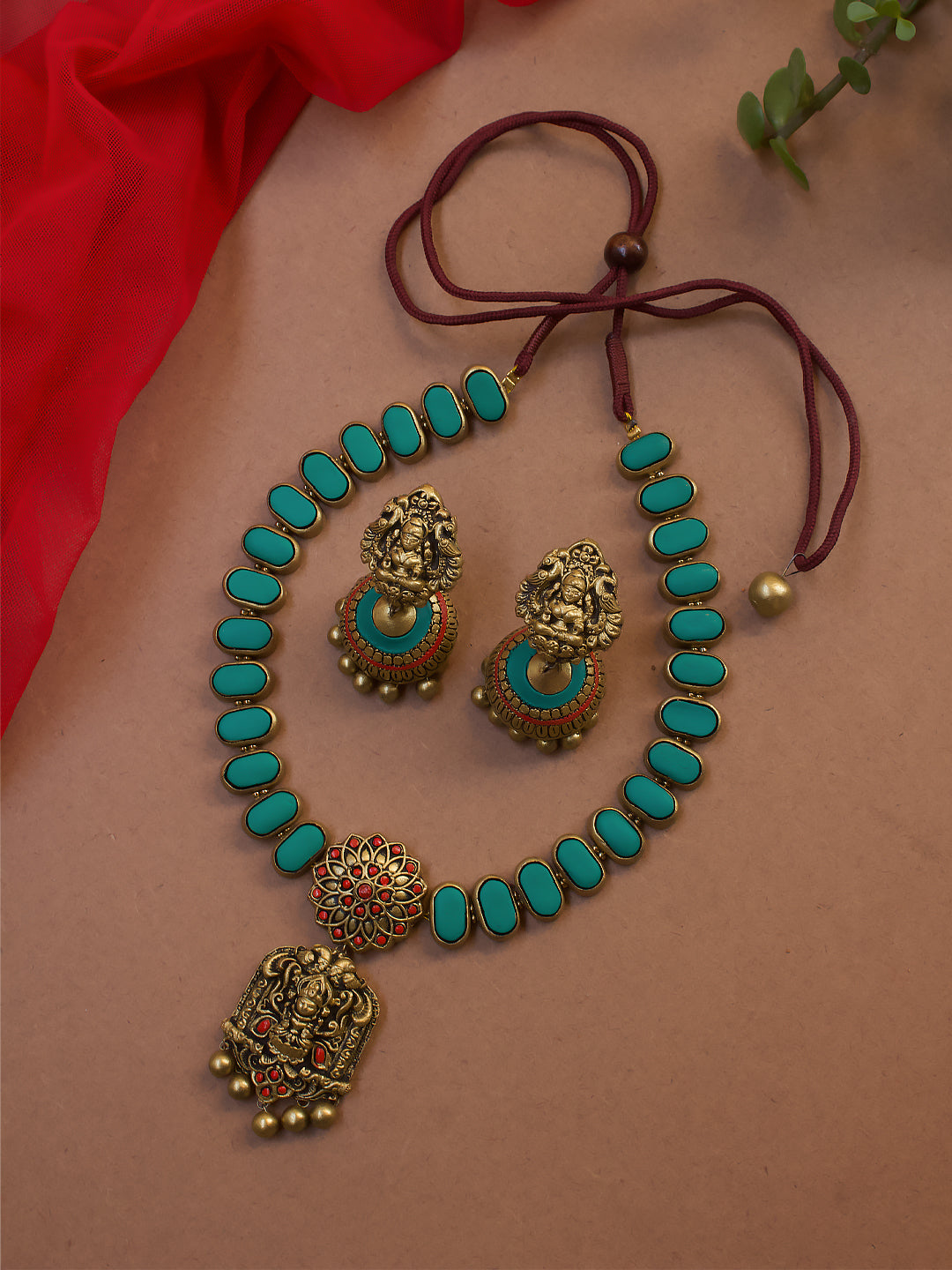 Turqoise Blue Antique Gold Red Lakshmi Design Haram Style Handmade Terracotta Necklace Set