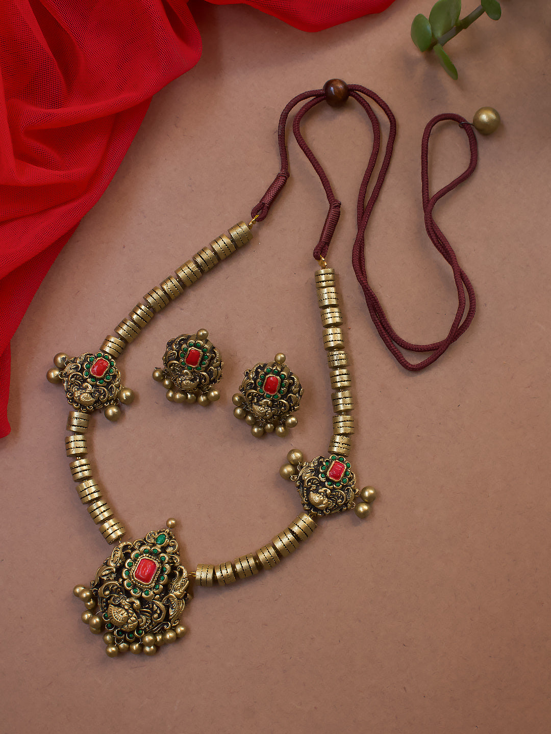 Pink Green Antique Gold Cylindrical Tube Design Peacock Handmade Terracotta Necklace Set