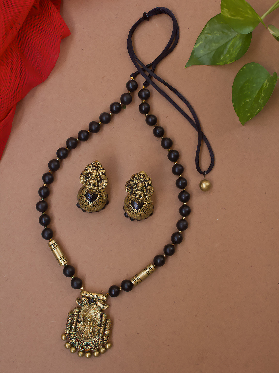 Antique Gold Black Lakshmi Design Mala Temple Handmade Terracotta Necklace Set