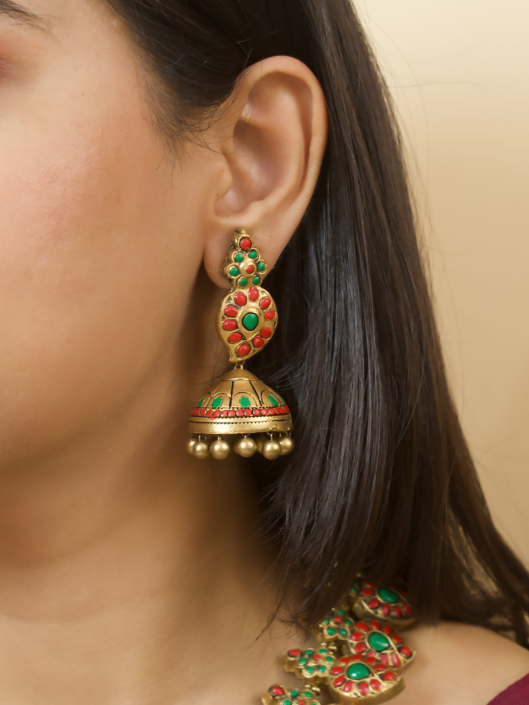 Antique Gold Red Green Mango Design Temple Handmade Terracotta Necklace Set