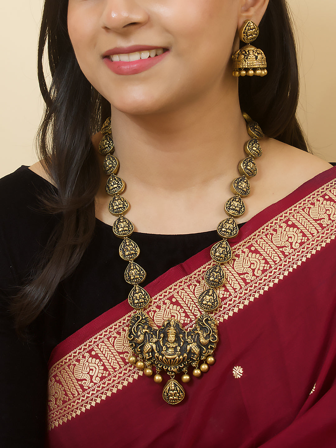 Antique Gold Lakshmi Design Long Haram Handmade Terracotta Necklace Se