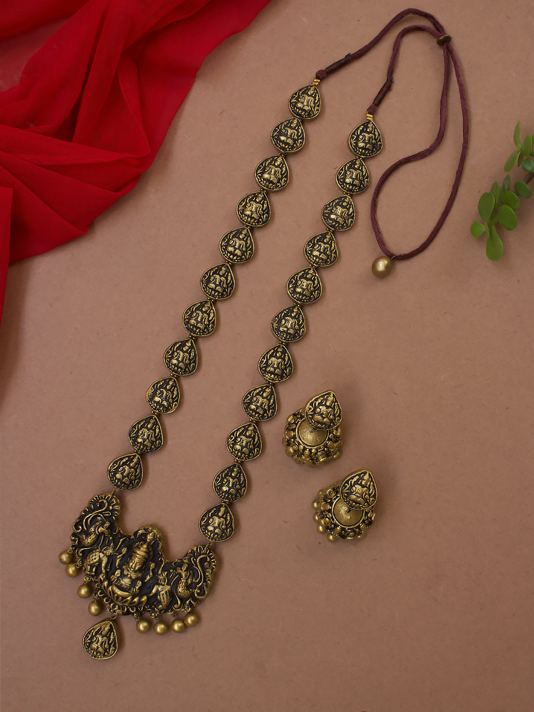 Antique Gold Lakshmi Design Long Haram Handmade Terracotta Necklace Set