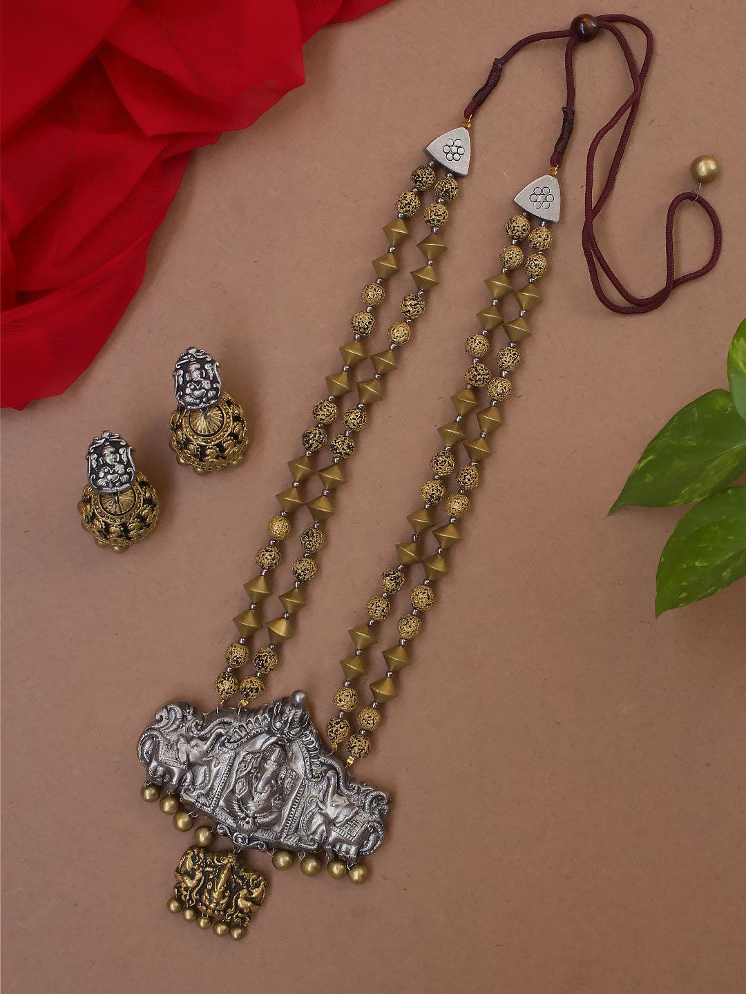 Silver Antique Gold Dual Tone Ganesha Design Long Haram Terracotta Necklace Set