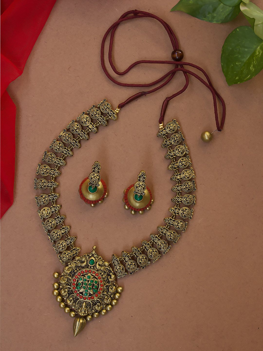 Antique Gold Red Green Peacock Lakshmi Filigree Pattern Design Handmade Terracotta Necklace Set