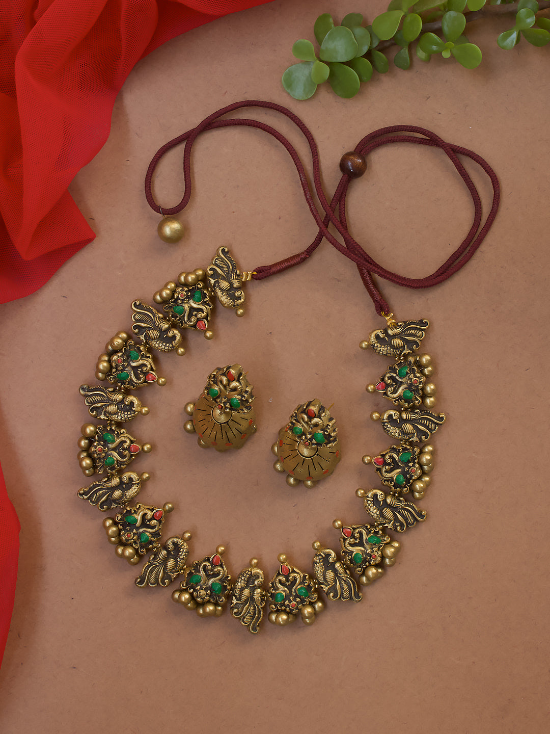 Antique Gold Red Green 2 Peacock Pairs Handmade Terracotta Necklace Set