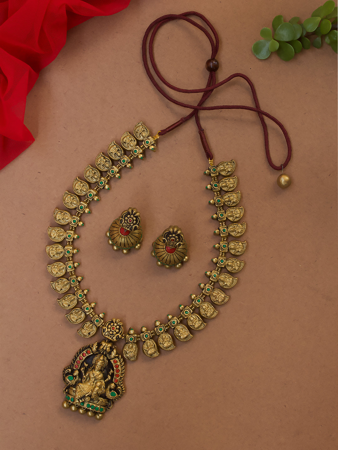 Antique Gold Red Green Mango Lakshmi Design Handmade Terracotta Necklace Set