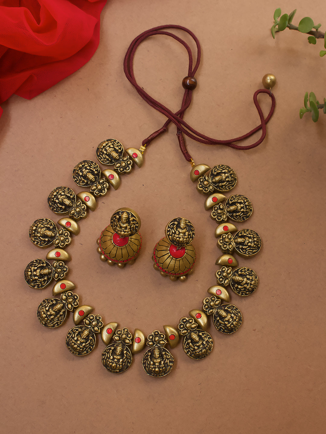 Antique Gold Pink Lakshmi Coin Floral Design Handmade Terracotta Necklace Set