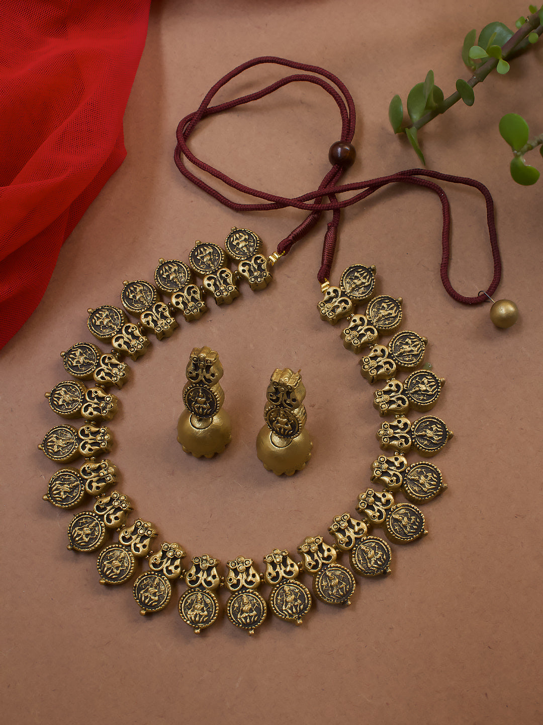 Antique Gold Lakshmi Coin Design Trishul Handmade Terracotta Temple Necklace Set