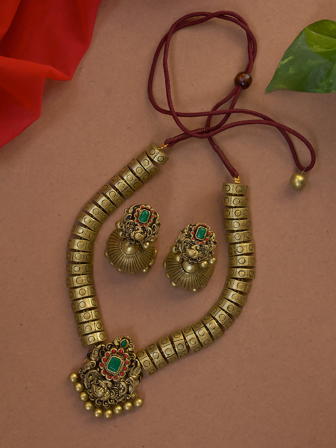 Semi cylindrical peacock design contemporary handmade terracotta necklace set