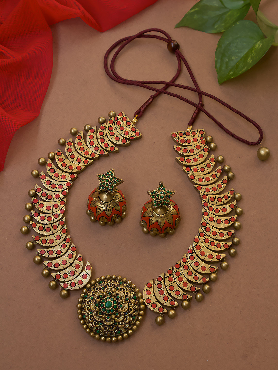 Rajwadi Style Half Moon Design Antique Gold Red Green Handmade Terracotta Necklace Set