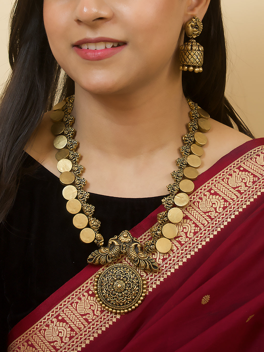 Svarnamayura — Antique Gold Coin Floral Peacock Design Circular Pendant Haram Style Handmade Terracotta Necklace Set