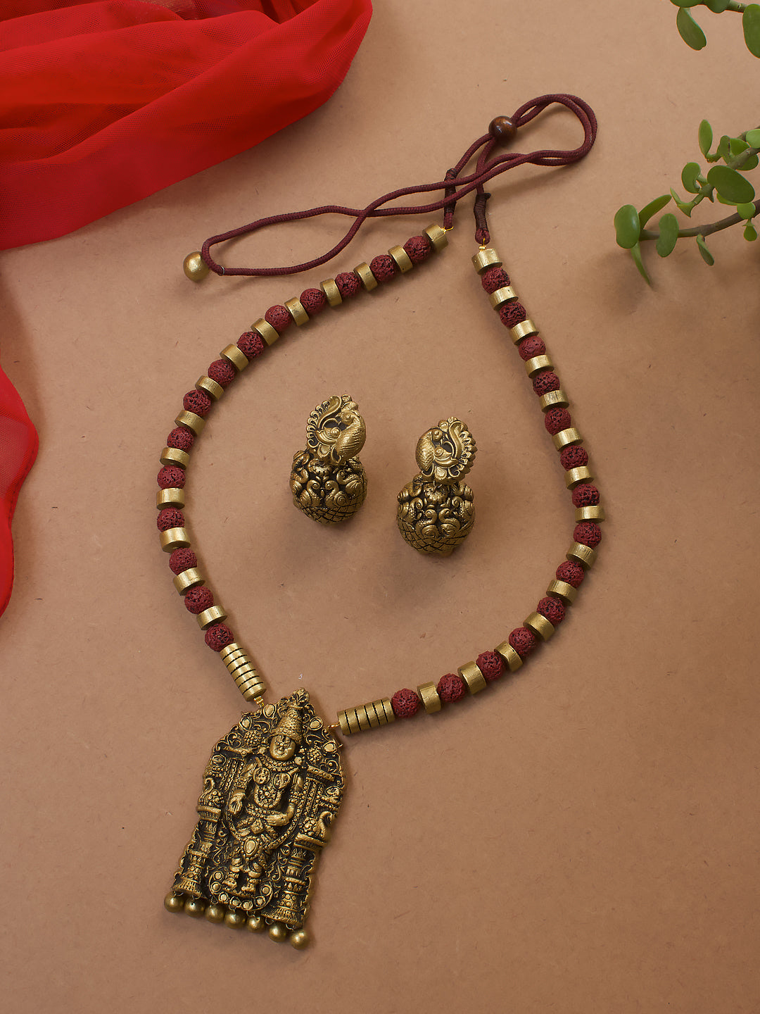 Antique Gold Brown Rudraksha and Lord Venkateshwara Handmade Terracotta Mala Necklace Set