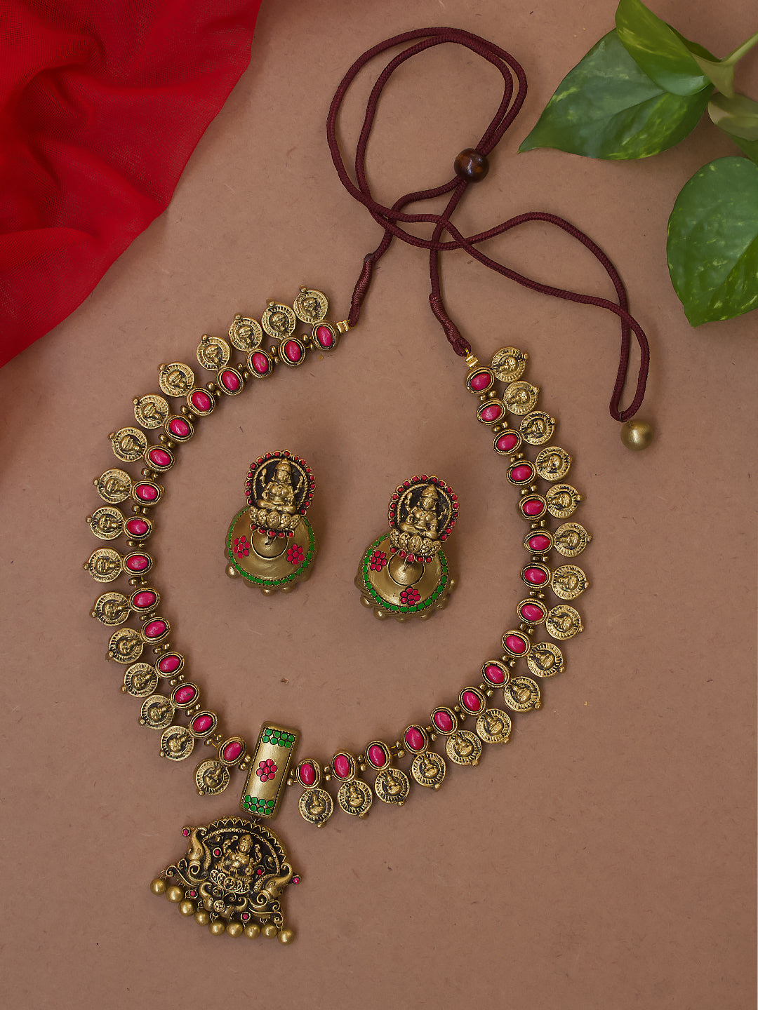 Antique Gold Red Green Lakshmi Coin and Oval Design Handmade Terracotta Necklace Set