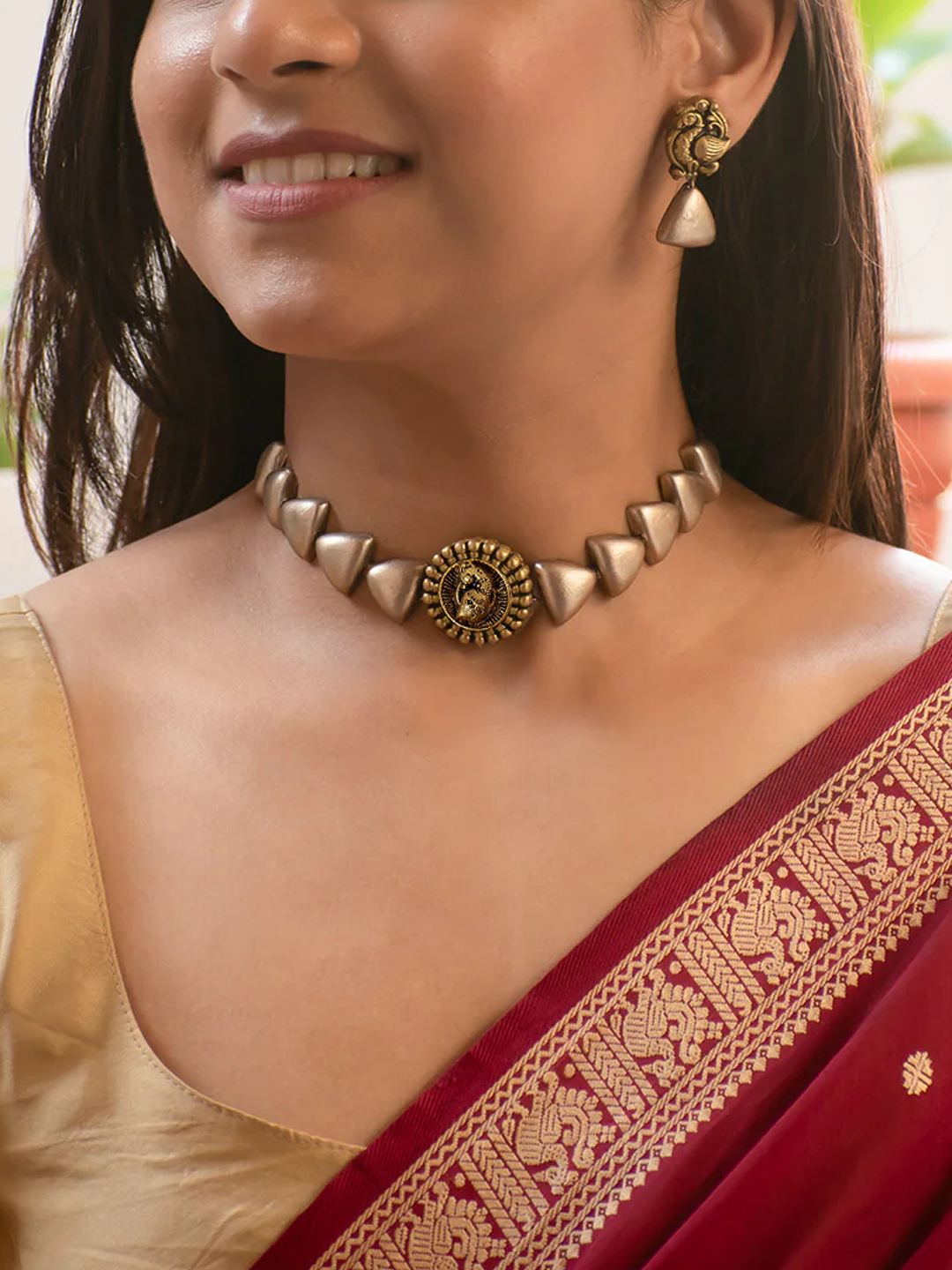 Chandramaya — Antique Gold and Silver Peacock Choker Handmade Terracotta Necklace Set