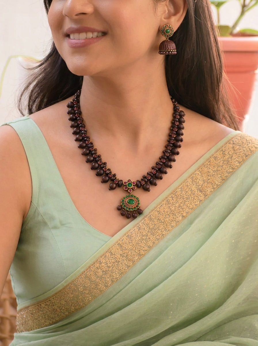 Coco — Mocha Brown Floral Design Contemporary Style Handmade Terracotta Necklace Set