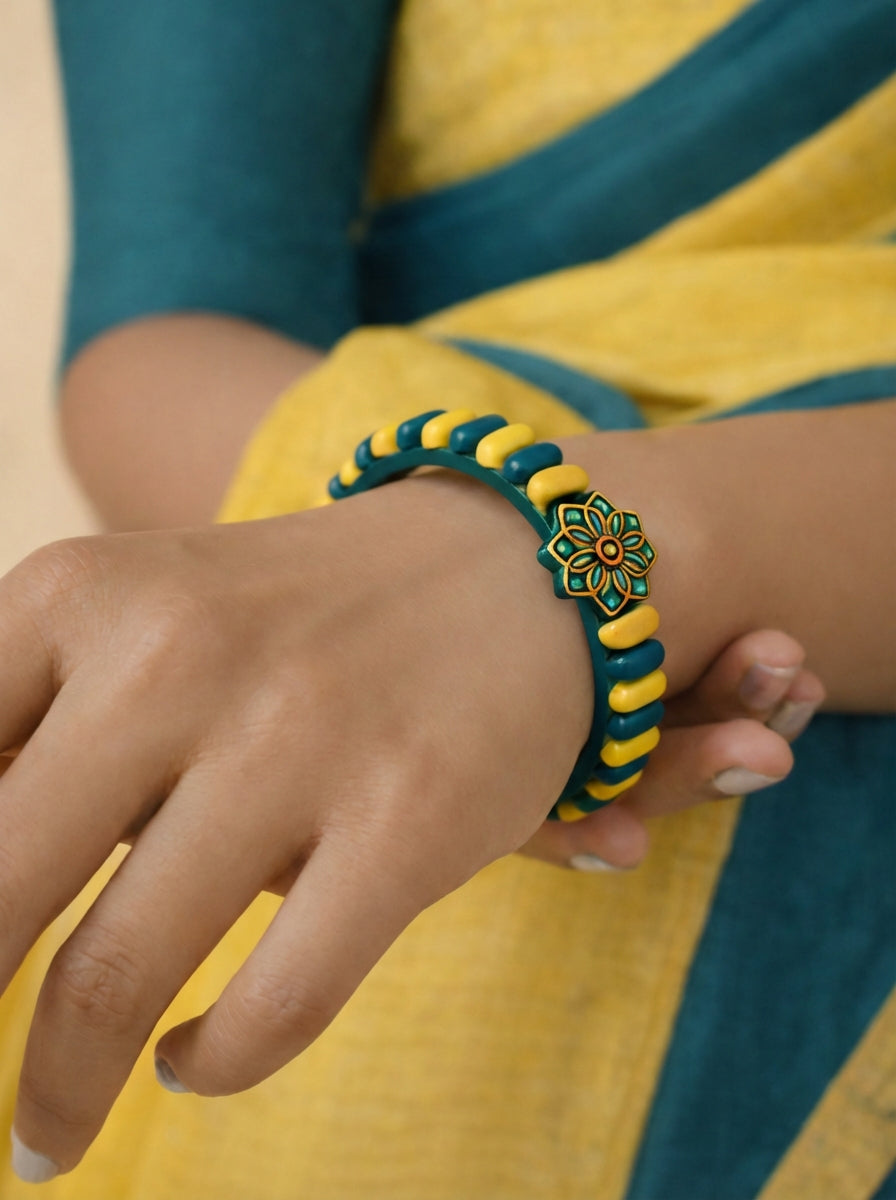 Kylie — Flower Design Teal Blue and Lemon Yellow Finish Terracotta Bangle