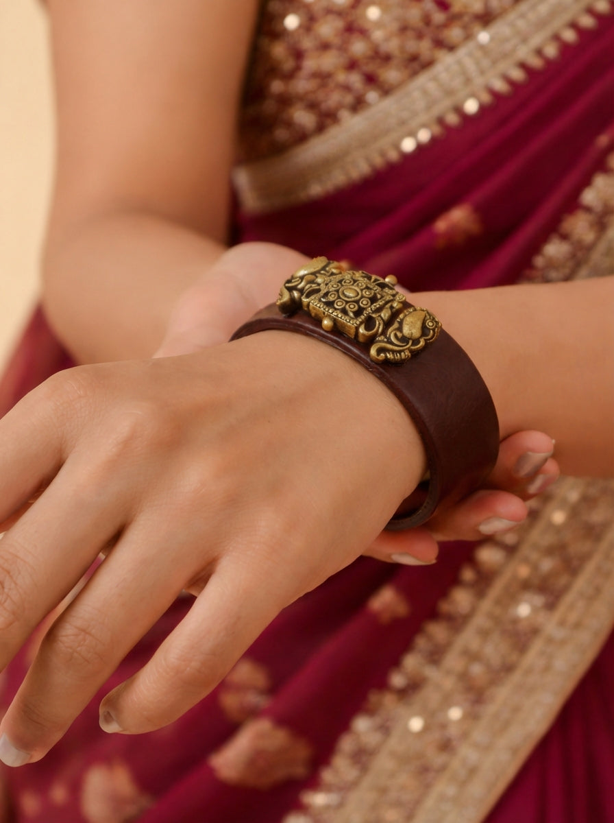 Coco Kada — Mocha Brown Bangle with Antique Gold Kada Style Peacock Design