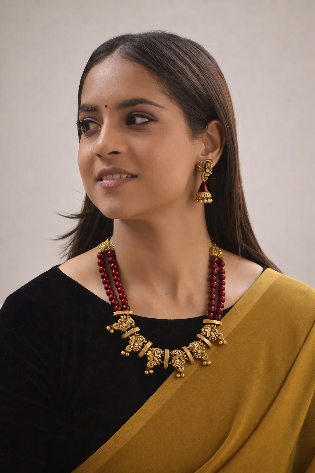 Hemangi – Terracotta Temple Necklace Set with Maroon Strands and Antique Peacock Motifs