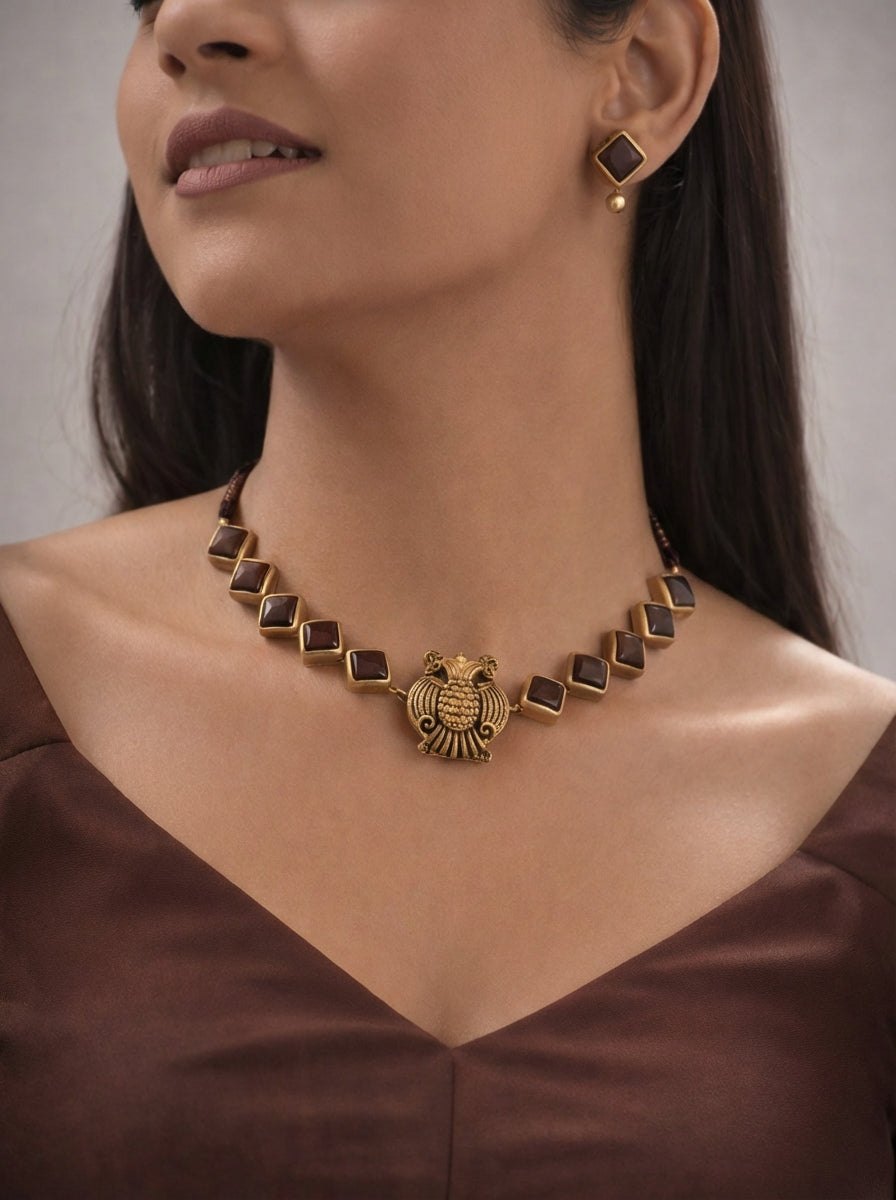 CocoaAura 🤎 — Chocolate Brown Square Motifs With Antique Gold Finish Terracotta Necklace Set