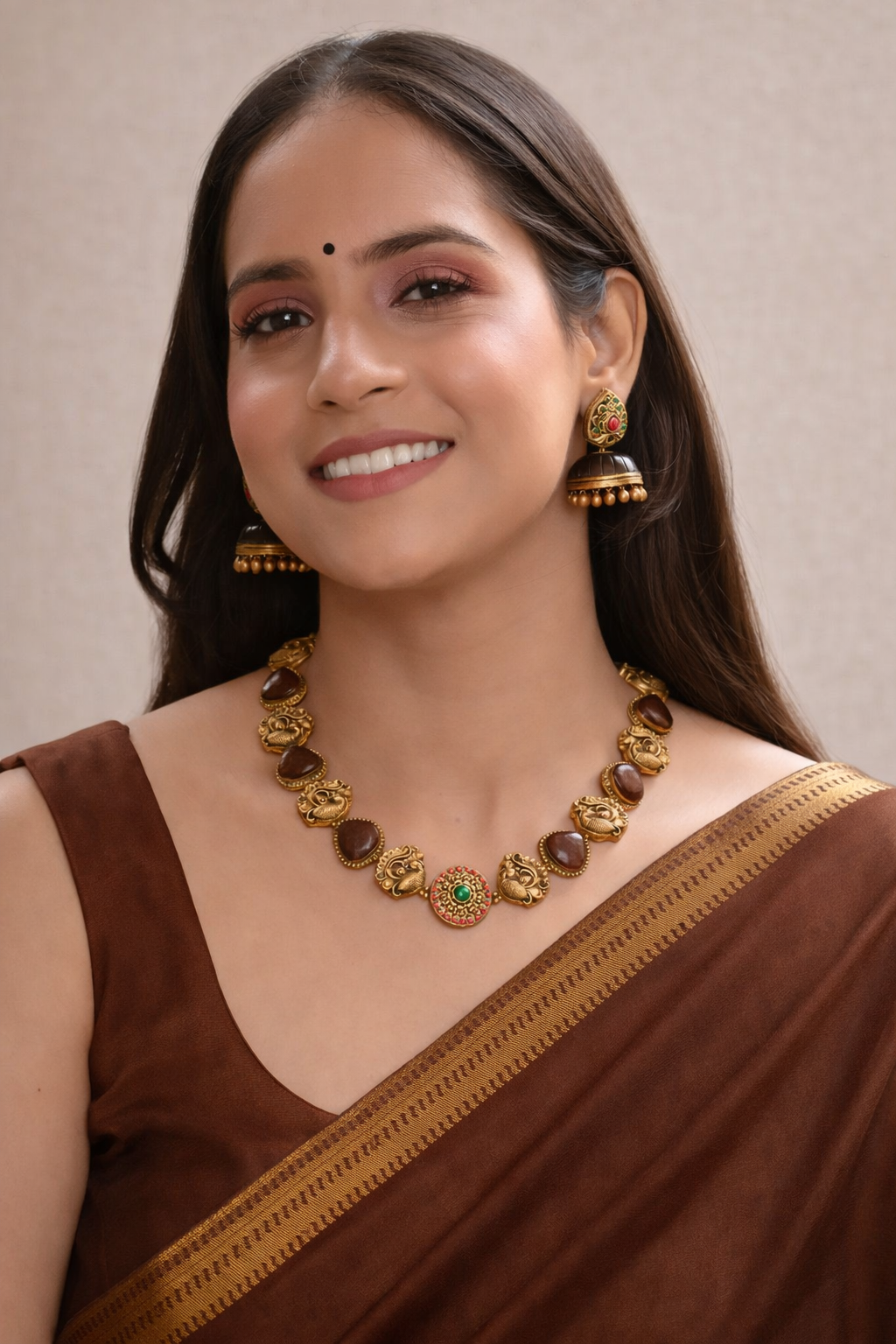AurumDhara 🤎 — Brown Terracotta Statement Necklace Set with Antique Gold Peacock Motifs & Heritage Jhumkas