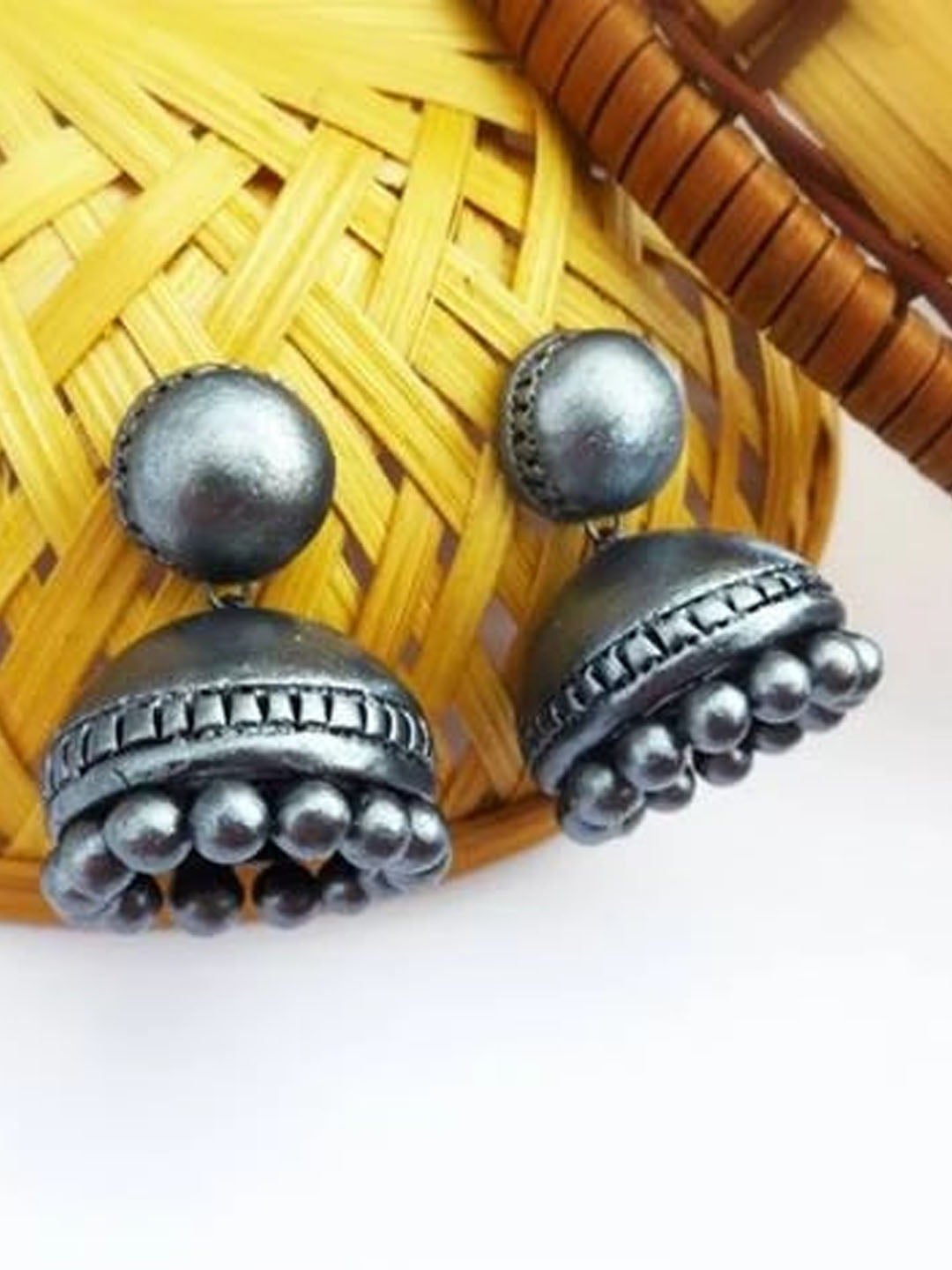 Handmade Terracotta Geometric Design Grey Color Jhumka Earring