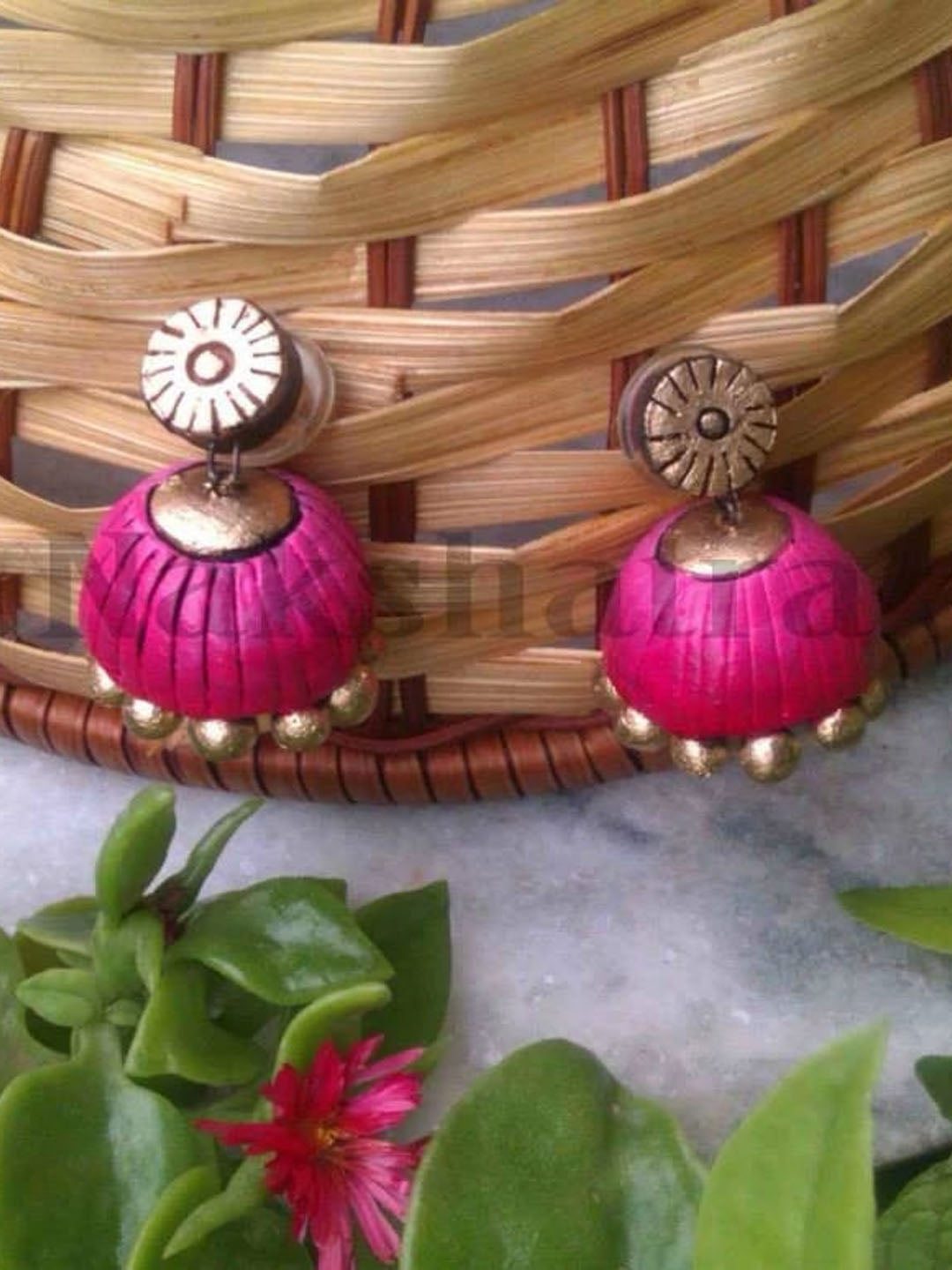 Handmade Terracotta Pink And Gold Color Circular Shape Jhumka Earring