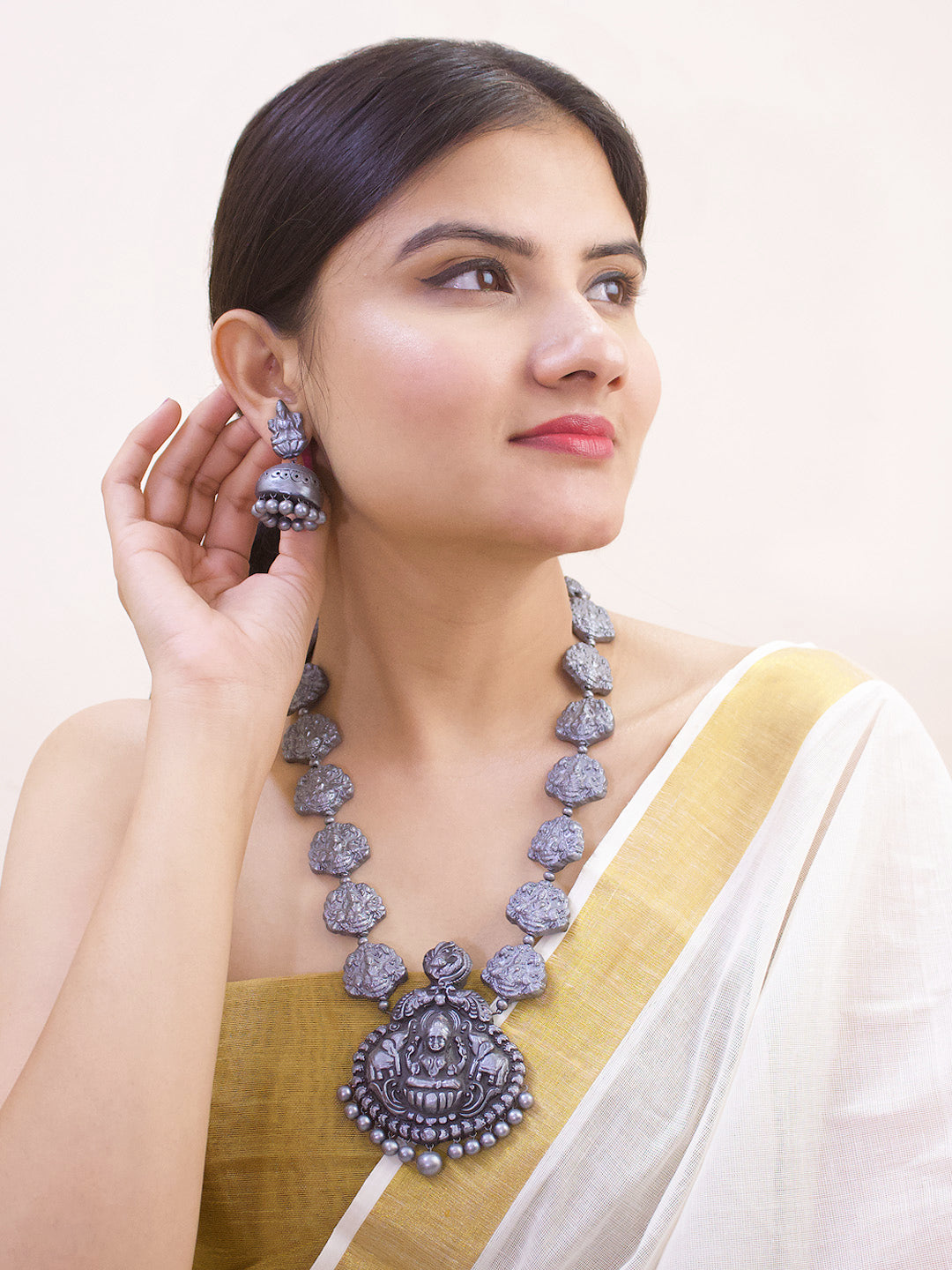 Antique Silver Toned Lakshmi Design Pendant Terracotta Temple Necklace Set