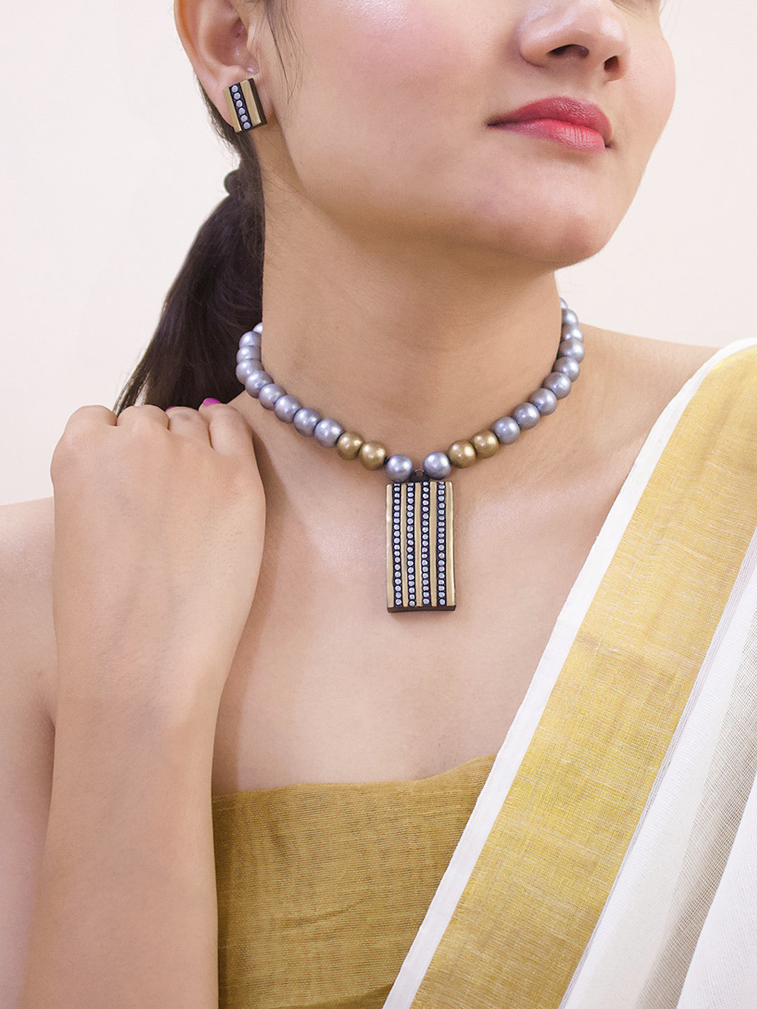 Dual Toned Rectangular Shape Pendant Silver And Gold Color Beads Terracotta Necklace Set