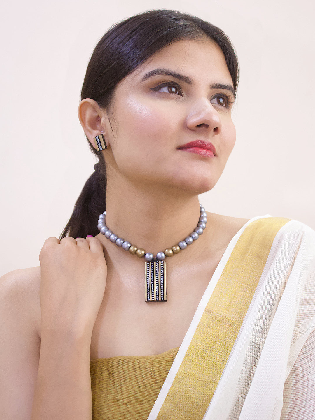 Dual Toned Rectangular Shape Pendant Silver And Gold Color Beads Terracotta Necklace Set