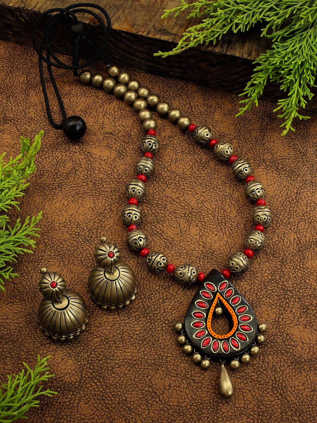 Tear Drop Design Hand Painted Finish Terracotta Jewelry Set
