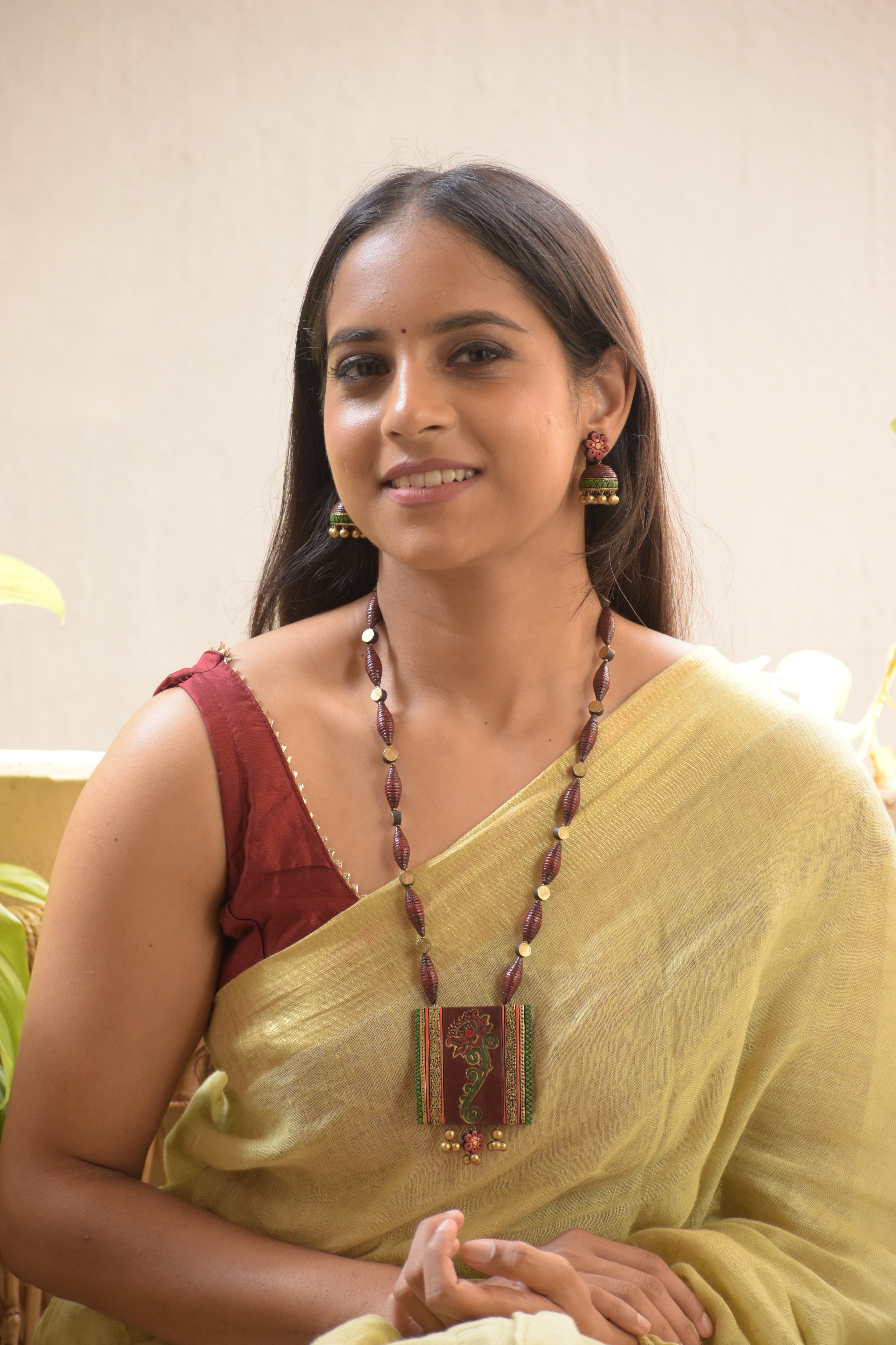 Padmara - Handmade Terracotta Block Pendant Necklace Set with Lotus Art and Red Beads and Matching Earrings