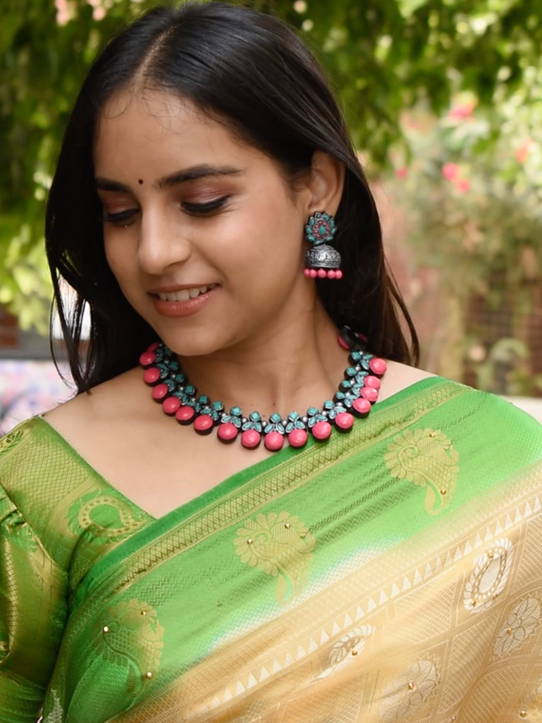 Taralika — Silver Pink Aqua Blue Cherry Design Handmade Terracotta Necklace Set