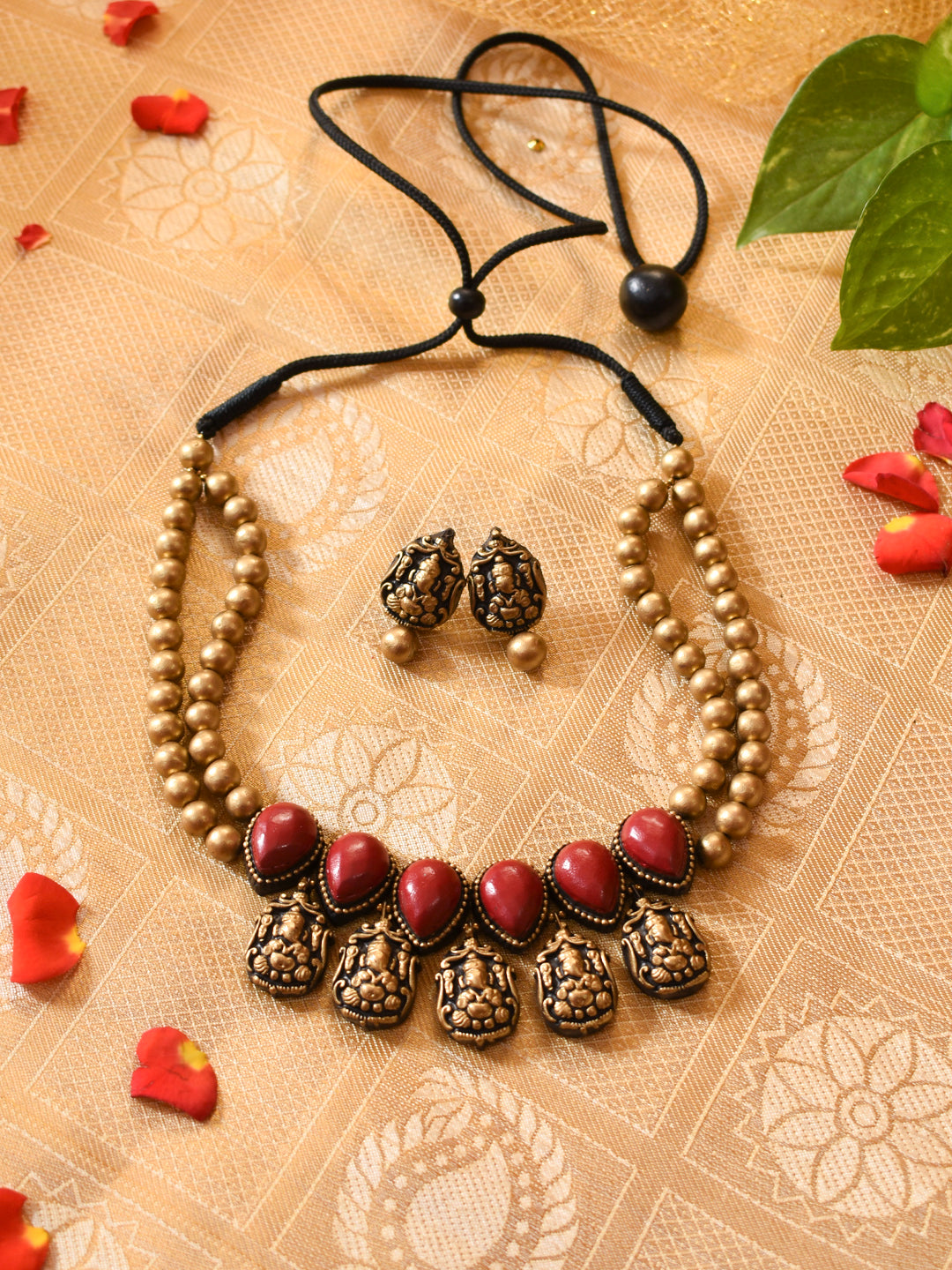 Vighnarudra — Maroon Antique Gold Ganesha Design Two Layered Minimalistic Temple Handmade Terracotta Necklace Set - Kantara