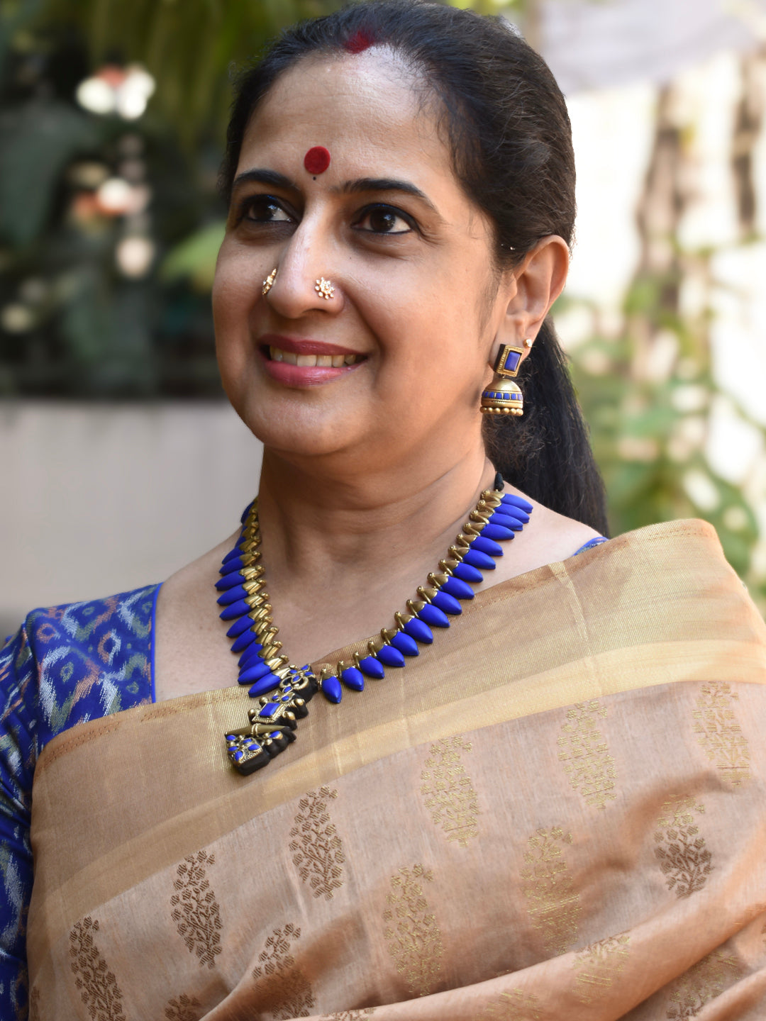 Ink Blue Antique Gold Floral Art Design Contemporary Handmade Terracotta Necklace Set