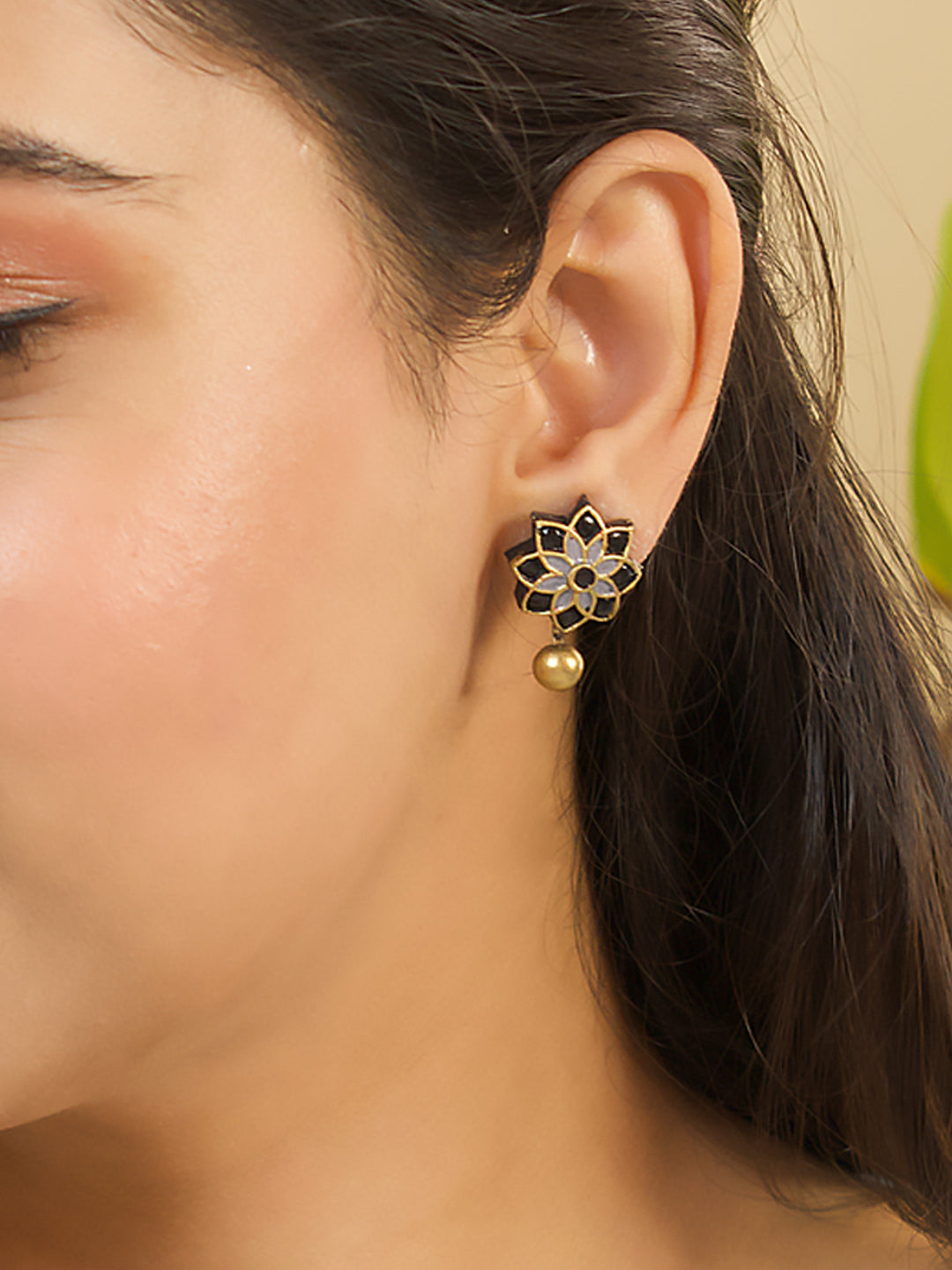 Shyamalika — Silver Black Antique Gold Floral Mandala Work Handmade Terracotta Stud Earrings