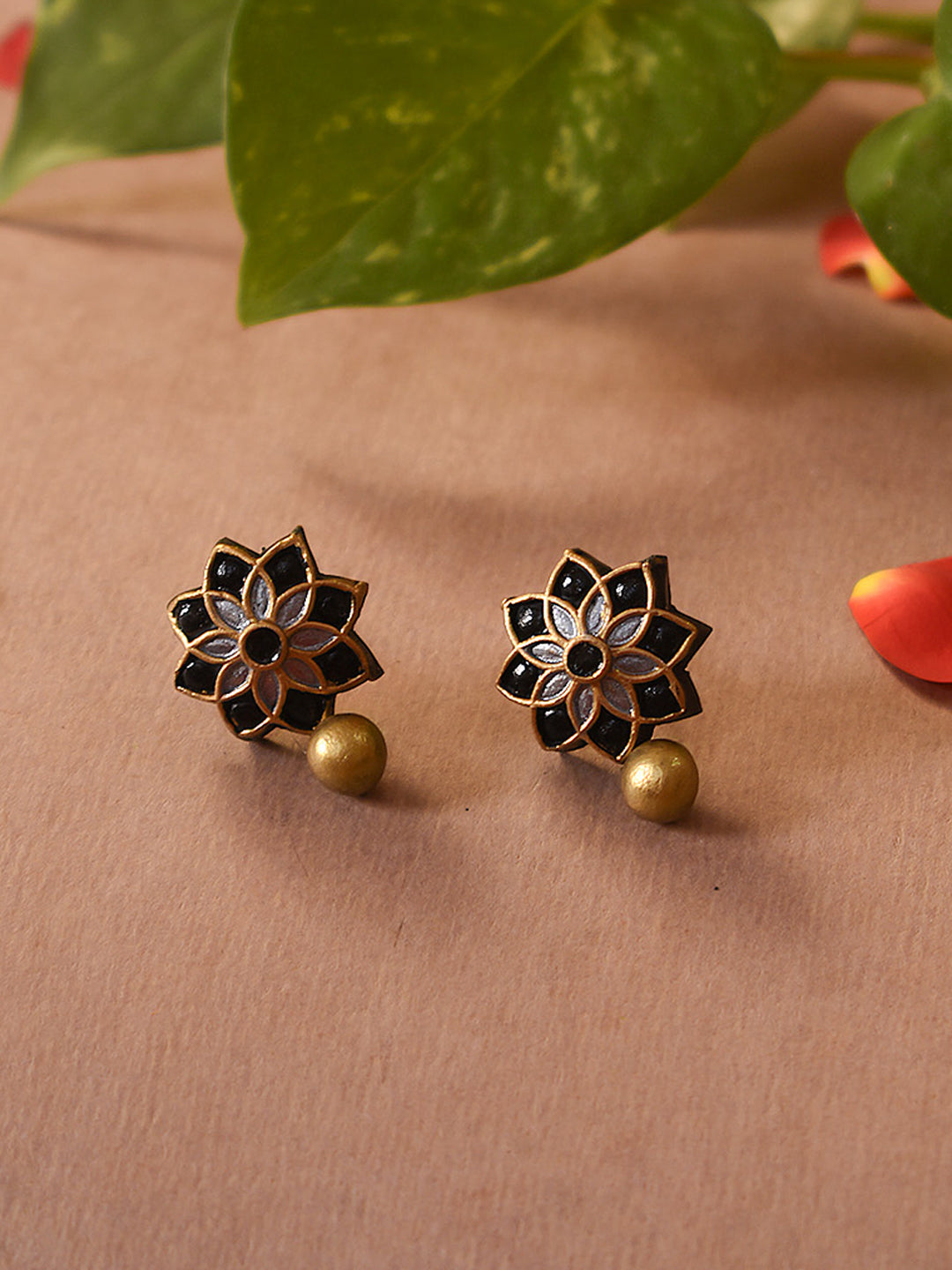 Shyamalika — Silver Black Antique Gold Floral Mandala Work Handmade Terracotta Stud Earrings
