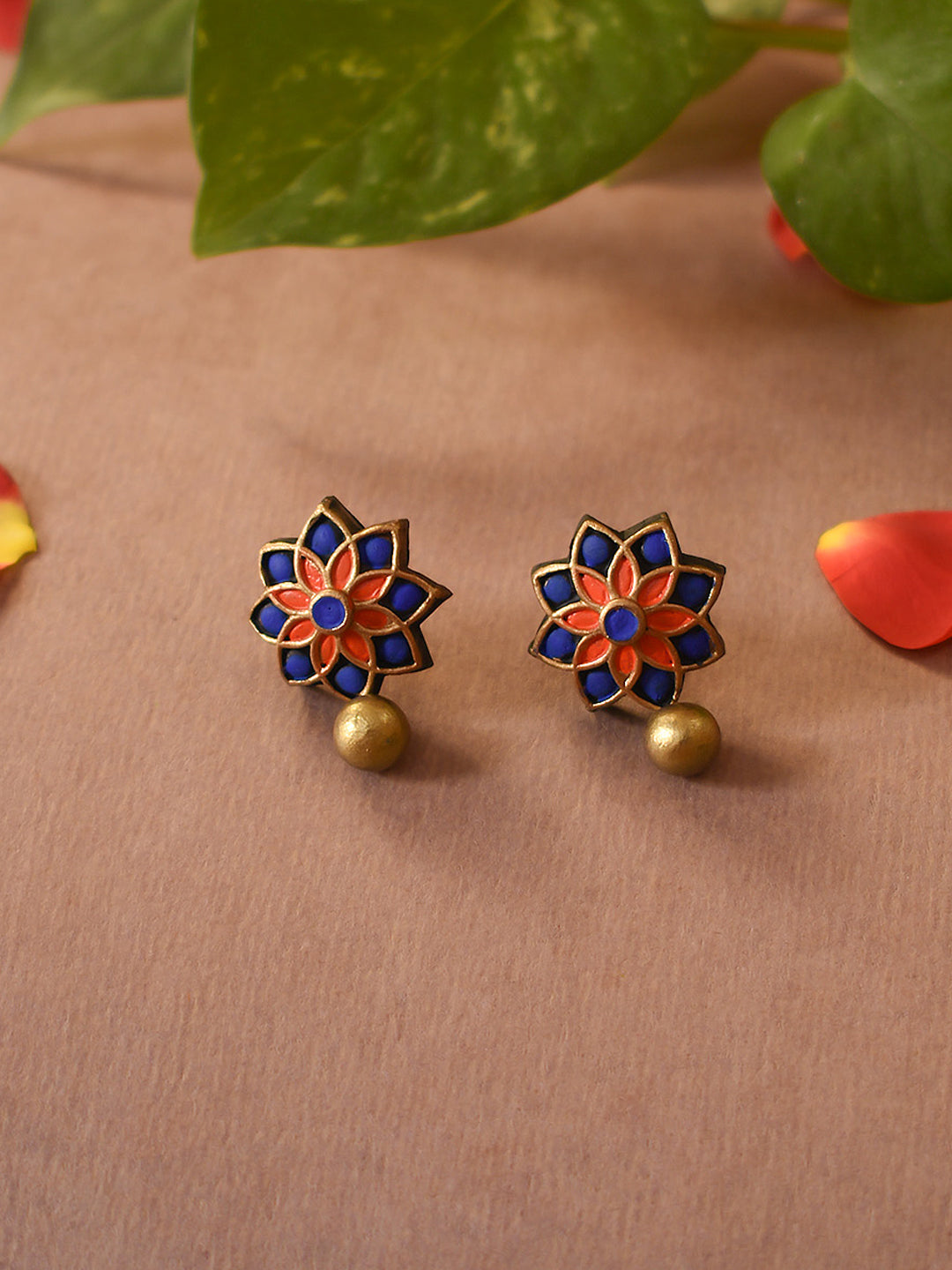 Ink Blue Orange Antique Gold Floral Mandala Work Handmade Terracotta Stud Earrings