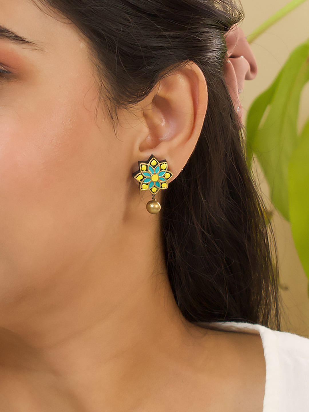 Bamboo Yellow Aqua Blue Antique Gold Floral Mandala Work Handmade Terracotta Stud Earrings