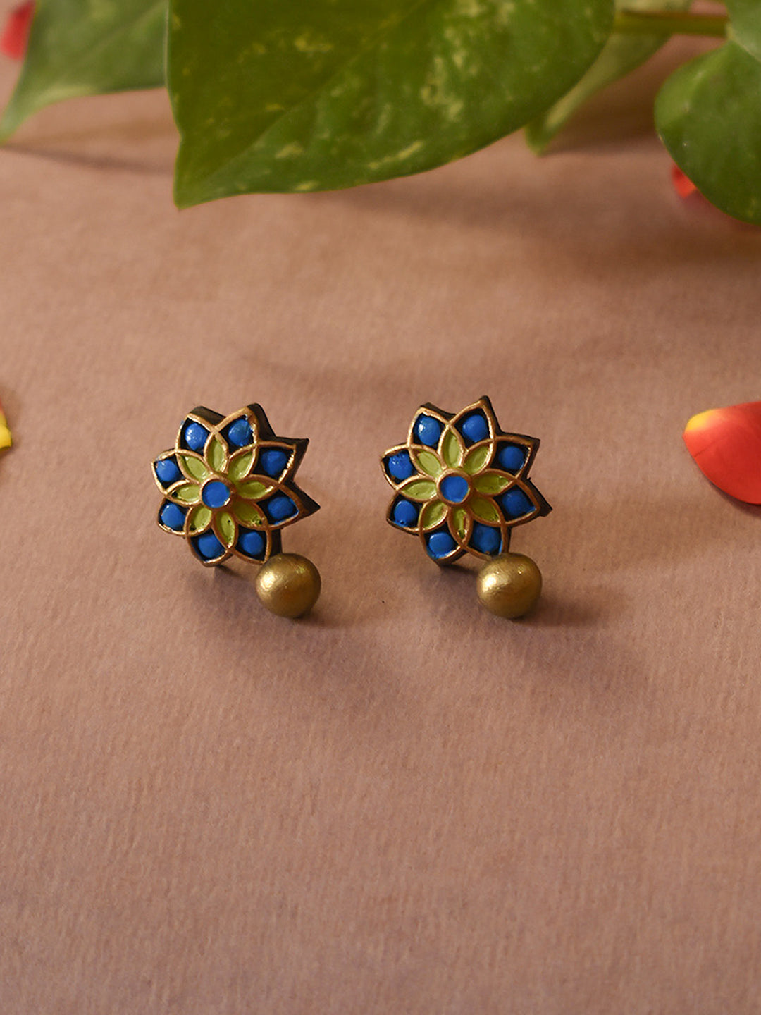 Lime Green Blue Antique Gold Floral Mandala Work Handmade Terracotta Stud Earrings