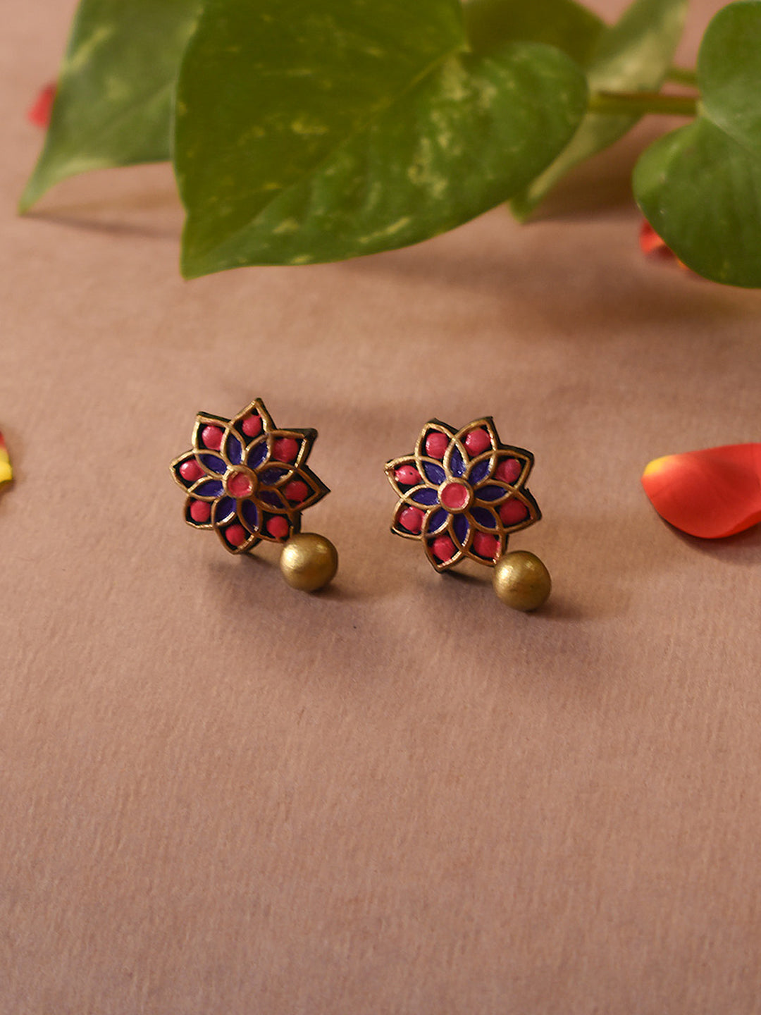 Purple Pink Antique Gold Floral Mandala Work Handmade Terracotta Stud Earrings
