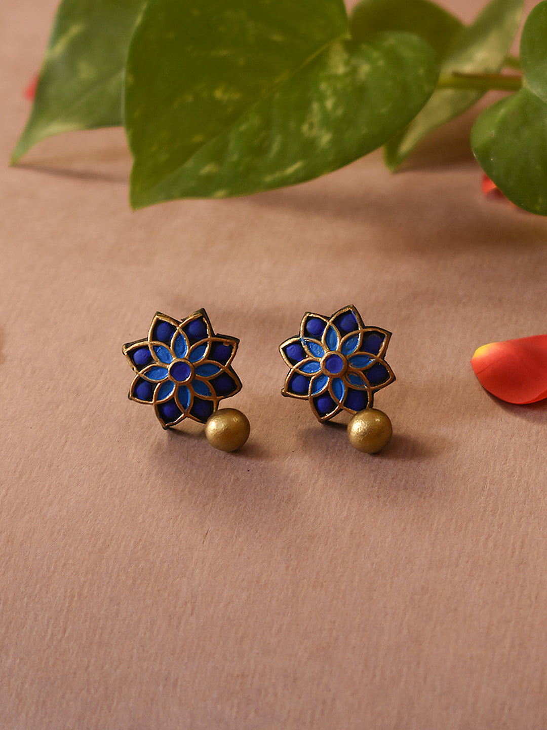 Light Blue Ink Blue Antique Gold Floral Mandala Work Handmade Terracotta Stud Earrings