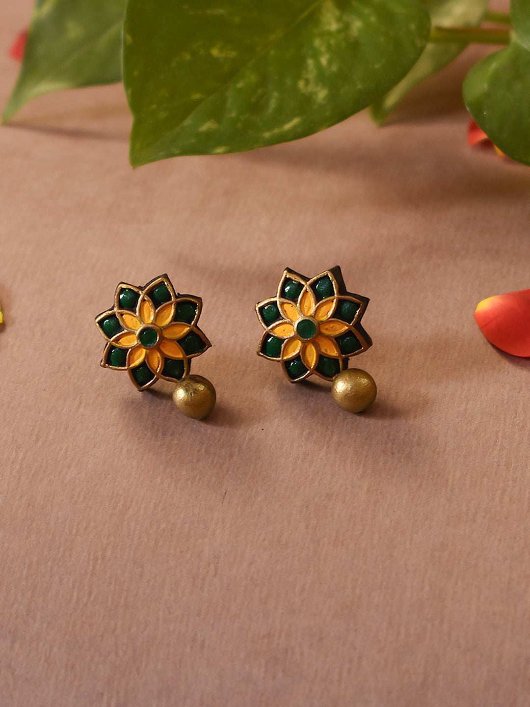 Yellow Dark Green Antique Gold Floral Mandala Work Handmade Terracotta Stud Earrings