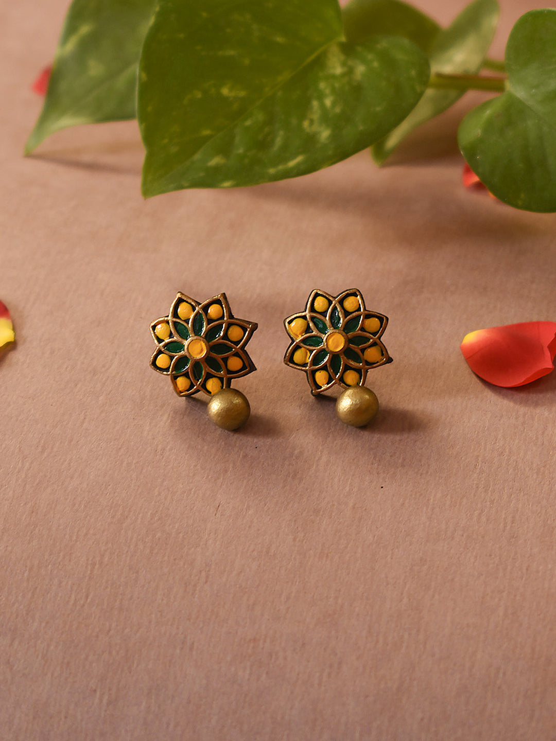 Dark Green Yellow Gold Floral Mandala Work Handmade Terracotta Stud Earrings